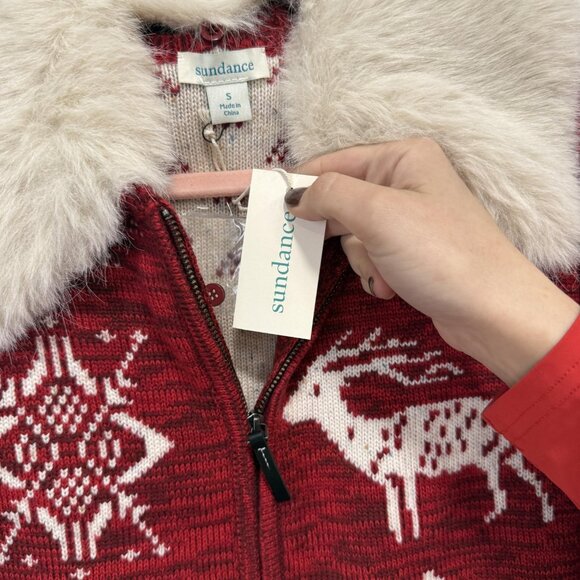 Sundance Sweater Womens Small Red Zip Cardigan Faux Fur Collar Wool Blend Nordic - Picture 4 of 9